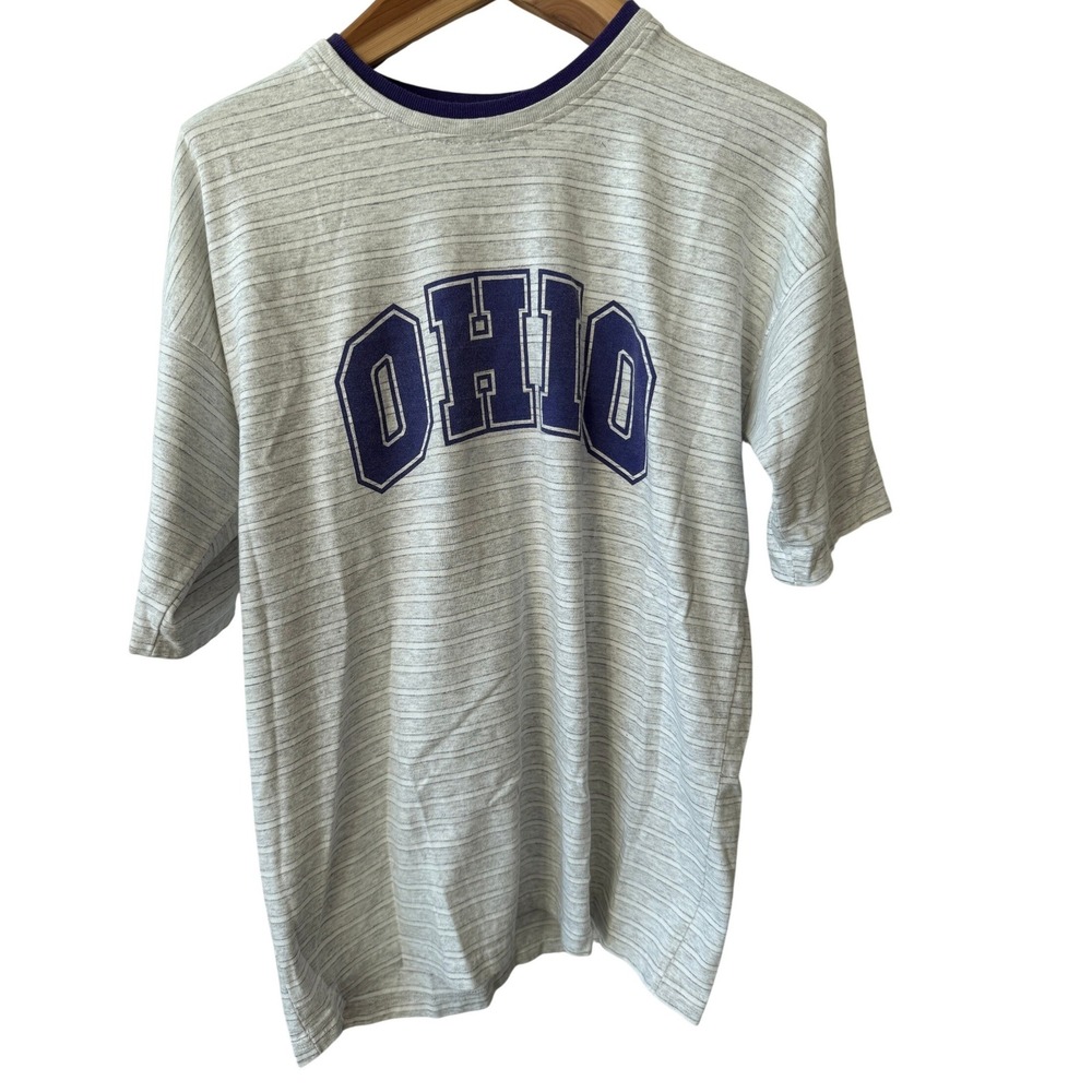 Vintage Ohio T Shirt XL Gray Purple Striped Made in USA Cotton 90s